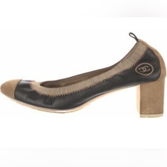 CHANEL LEATHER BALLERINA HEELS BLACK AND BROWN SIZE 37 ITALY - Picture 2 of 8